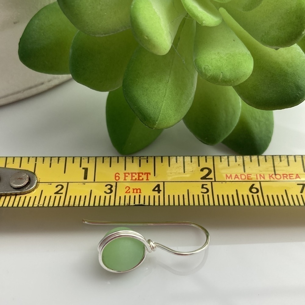 Green Sea Glass Minimalist Wire Wrapped Earrings - Picture 5 of 12